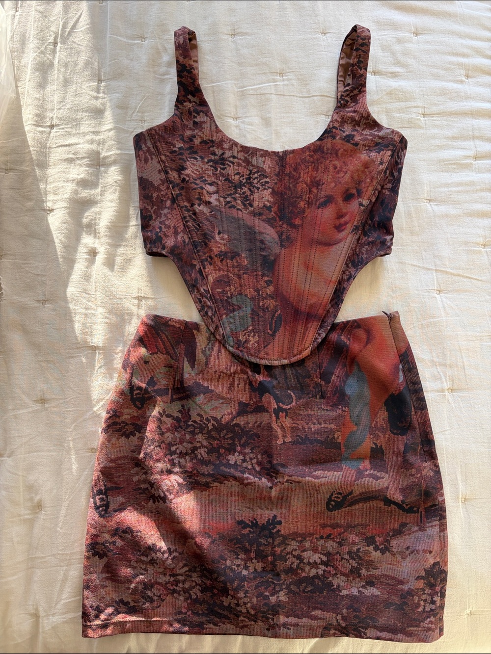 Vintage-Inspired Women's Corset Top & Skirt Set in Burnt Rose